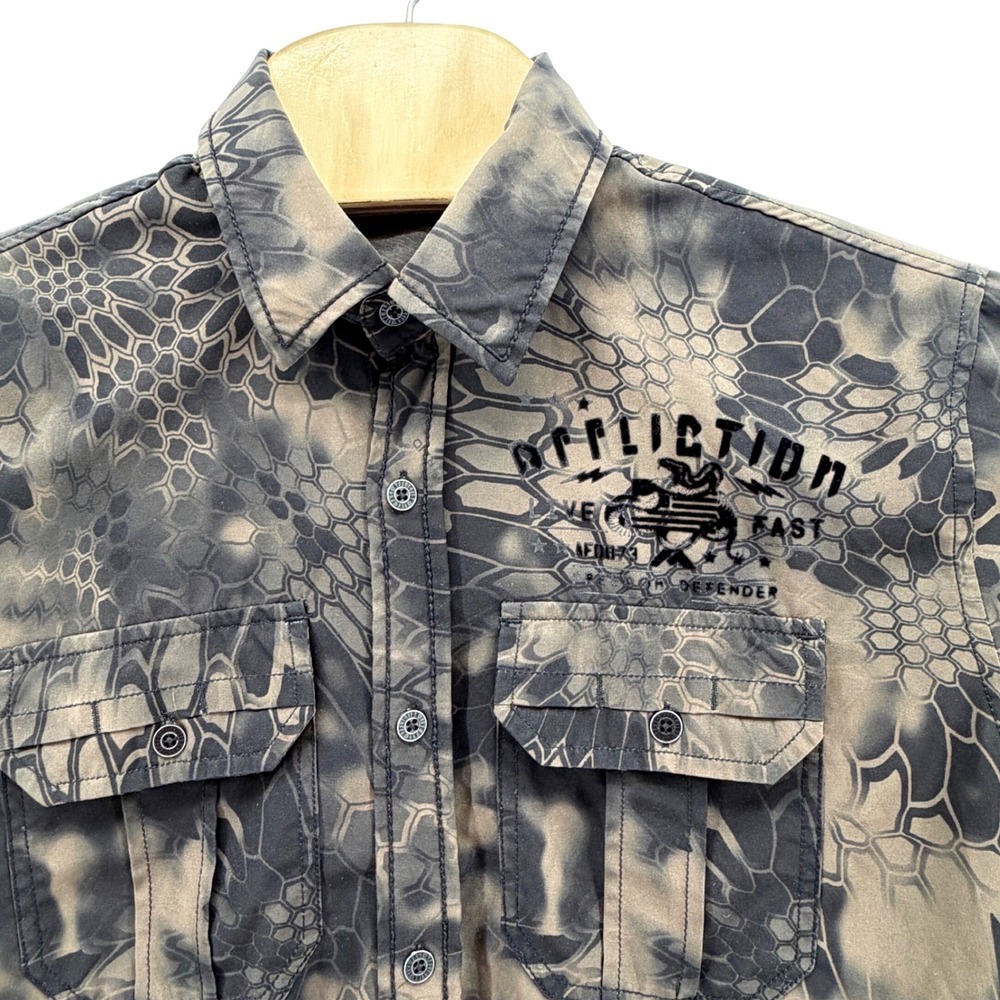 Affliction Button Up Mens Medium Brown/Black Snake Pattern Tactical Moto Shirt